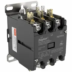 Three-pole, non-reversing definite purpose contactor with 3NO main pole contact form. Coil voltage 120V AC, rated 32 A, maximum voltage 600V AC. Through-panel mounting with box lug terminals. Suitable for switching three-phase loads in HVACR equipment such as compressors and fan motors.