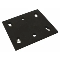 Square rubber backing pad designed for use with the MAKITA BO4556 power sander. Features hook-and-loop attachment for quick paper changes and six vacuum holes for dust extraction. Suitable for sanding applications on wood, metal, and painted surfaces.