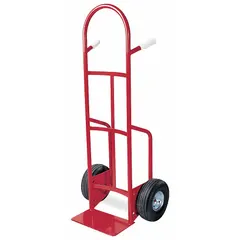 General purpose hand truck with a dual-pin handle, red steel frame, and pneumatic 10 in wheels. Suitable for moving heavy loads in warehouses, factories, and loading docks.