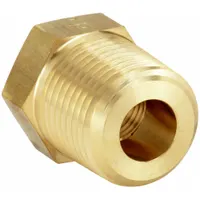 Brass straight pipe fitting with 3/4 in x 1/4 in size, 1 11/64 in length, rated for 6,000 psi maximum operating pressure. Used to connect or extend hydraulic lines in high-pressure fluid power systems