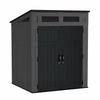 This 200 cu ft plastic storage shed features a single-slope roof and is finished in black. Exterior dimensions are 69 3/4 in length, 87 in depth, and 61 1/2 in height. The shed is water resistant and supplied unassembled. It is commonly used for outdoor storage of equipment, tools, and supplies in industrial yards, maintenance depots, and facility grounds