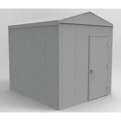 Outdoor equipment enclosure providing 640 cu ft of secured storage. Assembled in gray with dimensions 96 in x 120 in x 110 in. Includes four permanent lifting lugs for crane placement. Suitable for protecting industrial machinery, tools, or materials from weather and theft on job sites.