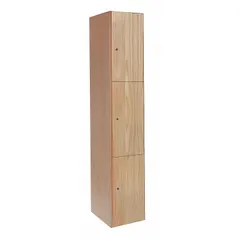 This solid wood wardrobe locker is constructed from plywood with a light wood finish. It features three tiers and keyed locking for secure personal storage. Suitable for employee changing rooms, schools, and gyms.