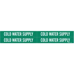 Green adhesive pipe marker with white legend reading 'Cold Water Supply'. Fits pipe outer diameters from 3/4 to 2-3/8 inches. Pack includes 4 markers without arrows. Used to identify cold water supply lines in industrial piping systems.