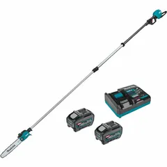This MAKITA battery-powered pole saw features a 10-inch blade and a telescoping reach adjustable from 9 ft to 13 ft, enabling pruning of overhead branches from the ground. Powered by a 40 V, 5.0 Ah battery (sold separately), it is suited for landscaping and tree maintenance tasks requiring cordless mobility.