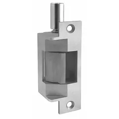 This heavy-duty electric strike accepts both cylindrical and mortise locksets. Constructed in stainless steel, it measures 4 7/8 inches in height and operates on 24V input voltage. Suitable for use in commercial access control systems where secure door release is required.