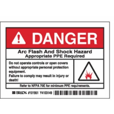 BRADY Danger: Arc Flash And Shock Hazard Appropriate PPE Required Signs, 5 Pack