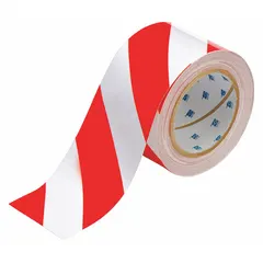 Polyester floor marking tape with red/white striped pattern, 8 mil thickness, 3 in width, and 100 ft length. No printed legend. Used for marking aisles, hazard areas, and traffic lanes in industrial facilities.