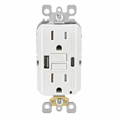 LEVITON Receptacle: Decorator Duplex, 5-15R, USB Type A/C, White, 125V AC, 15 A - Weather-Resistant Receptacles with USB Chargers