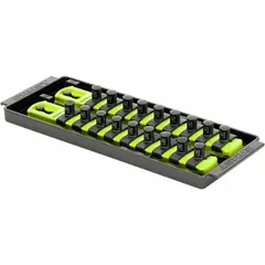 Yellow socket bit tray with 18 individual clips and posts for organizing sockets by size. Overall width of 3-5/8 inches. Suitable for use in toolboxes, workbenches, and service carts to keep sockets accessible during assembly, repair, and maintenance tasks.