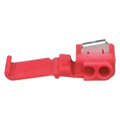 This double-port run tap wire connector accommodates 22 AWG to 16 AWG conductors and is rated for 600 V. It is used for splicing or tapping wires in electrical installations such as control panels, junction boxes, and lighting systems.