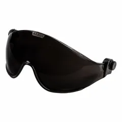This hard hat visor features a gray anti-fog polycarbonate lens and a low-profile polycarbonate frame. It mounts to hard hats using the included hardware, providing eye protection in industrial environments where impact resistance and glare reduction are needed.