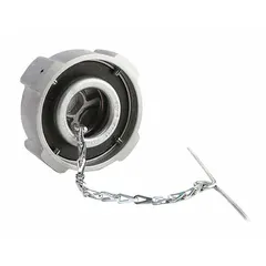 Non-locking, non-vented diesel fuel cap with a 3 in cap diameter and 3 7/16 in neck diameter. Features a cam with chain and cross bar attachment for secure closure. Silver finish. Suitable for heavy-duty trucks and equipment requiring a non-vented diesel cap.