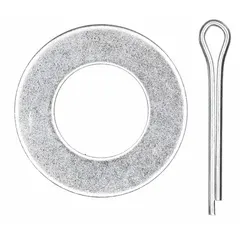 Steel hardware kit for hand truck wheels, bearings, brakes, and axles. Includes two washers, a cotter pin, and a spacer in a silver finish. Used for securing and maintaining wheel assemblies during repair or replacement.
