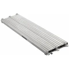 This aluminum platform from the PD9000 series features a silver aluminum deck and frame. It is designed for use as a work surface in scaffolding systems, providing a stable area for tasks at height. The platform supports a capacity of 75 lbs per square foot.