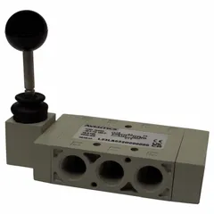 This manual air control valve from the AVENTICS L2 Series features a lever actuator and a five-way, three-position spool design with a closed center and detent operation. It is used in pneumatic systems to manually direct compressed air flow for precise control of actuators or cylinders in industrial applications.