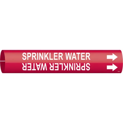 BRADY Pipe Marker: Sprinkler Water, Red, White, Fits 3/4 to 1 3/8 in Pipe O.D. - Sprinkler Water Snap-On Pipe Markers