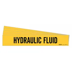 Yellow adhesive pipe marker with black legend reading 'Hydraulic Fluid', designed for pipes with outer diameter of 8 inches and larger. Each marker is applied to identify piping carrying hydraulic fluid in industrial systems. Sold in a pack of 5, without arrows.