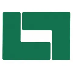 L-shaped floor marking tape for color-coded visual cues in industrial facilities. Solid green polyester tape with no legend, 8 mil thickness, 3 in x 8 in pieces, 20 per pack. Suitable for aisle marking, hazard identification, and traffic guidance.