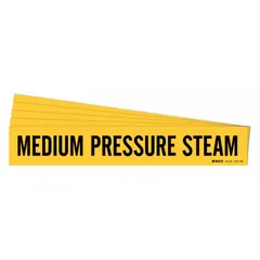 Yellow adhesive pipe marker with black legend reading 'Medium Pressure Steam'. Designed for pipes with outer diameter 8 inches and larger. Suitable for labeling steam lines in industrial piping systems to indicate medium pressure service. Pack of 5 markers without arrows.