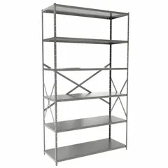 This HALLOWELL medium-duty standalone open metal shelving unit is constructed with a steel frame and steel shelves. It measures 48 inches wide by 18 inches deep with an overall height of 84 inches and includes six shelves. The unit is unassembled and finished in gray. Suitable for organizing tools, parts, boxes, and supplies in warehouses, industrial facilities, and commercial settings.