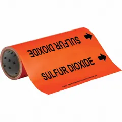 Orange pipe markers with black legend reading 'Sulfur Dioxide' and directional arrows. Each roll contains 30 adhesive markers for pipes with outer diameters of 6 inches and smaller. Used to identify pipes carrying sulfur dioxide in industrial piping systems.