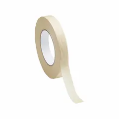 This high-performance masking tape features an off-white acrylic adhesive on a crepe paper backing, supplied in a 3/8-inch-wide, 60-yard roll. It is designed for industrial painting, powder coating, and finishing applications where clean removal and heat resistance are required.