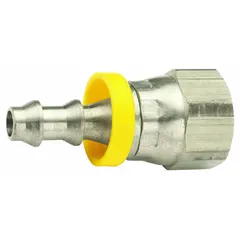 This 303 stainless steel push-on barbed hose fitting features a 3/8 in male hose barb by 3/8 in female UNF swivel straight configuration. Designed for multipurpose air, water, and chemical transfer applications, it provides corrosion resistance and secure push-on assembly. The swivel nut allows easy connection to threaded ports.