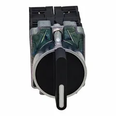 This Dayton selector switch features a short-handled knob with a plastic operator head and three maintained positions (On/Off/On). It provides 2NO/2NC contact configuration rated 6 A at 120 V AC and 0.27 A at 250 V DC. Suitable for panel-mount applications requiring non-illuminated, keyless operation in industrial control circuits.