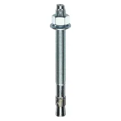 Steel wedge anchor for fastening into solid concrete. 3/4" diameter, 8-1/2" overall length, 3/4"-10 thread size. Zinc-plated finish. Pack of 10.