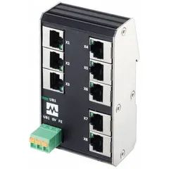 Unmanaged Ethernet switch with 8 RJ45 ports supporting 100 Mbps network interfaces. Features Auto-Crossover for automatic cable detection. DIN Rail mountable with IP20 rating. Suitable for connecting devices such as PLCs, sensors, and HMIs in industrial control networks.