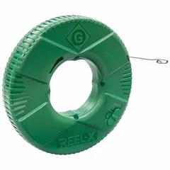 Steel fish tape with a flat tape shape and formed hook end, 100 ft length. The free-spinning interior reel is housed in a 13 in diameter case. Used for pulling wires and cables through conduit, walls, and ceilings in electrical installations.