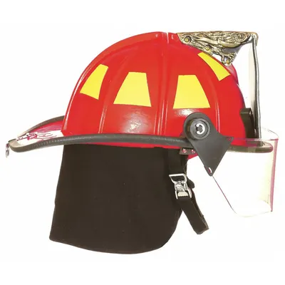 FIRE-DEX Fire Helmet: Red, Fiberglass, Traditional Rear Brim, Chin Strap