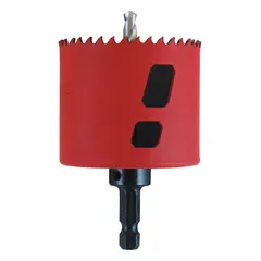 This MORSE hole saw with attached arbor cuts through wood, metal, and plastic. It has a 2-1/8 in diameter, 5/6 teeth per inch, and a maximum cutting depth of 1-7/8 in. The 5/8"-18 thread size allows direct mounting on compatible mandrels. Suitable for general construction, electrical, and plumbing tasks requiring clean openings.