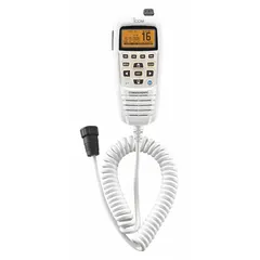 White ICOM-compatible microphone with a 240-inch cord and 8-pin round plug connector. Features Push To Talk for clear voice communication. Designed for use with ICOM M400BB, M410BB, M424G, M510, M510BB, and M605 series radios.