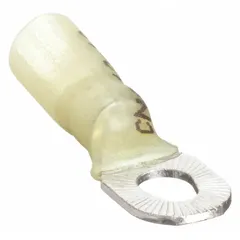 Yellow heat shrink insulated ring terminal rated for 600 V. Accommodates stud sizes #10, #6, and #8. The heat shrink sleeve seals the connection after crimping, providing environmental protection. Used for secure electrical connections in applications requiring moisture and corrosion resistance.