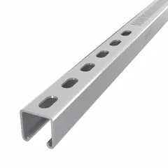 Steel strut channel with pre-galvanized zinc finish, gray color, 12 ga gauge, and narrow slotted perforations spaced at 8 mm. Used for supporting and securing mechanical, electrical, and plumbing systems in construction, allowing flexible mounting of pipes, conduits, and cable trays.