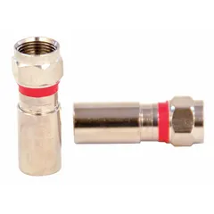 Male F-Type coaxial connector with nickel-plated silver finish for RG-6 cable. Compression-style termination provides a secure connection. Plenum-rated for use in air-handling spaces. Supplied in a 10-pack.