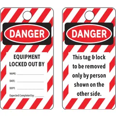 This white Danger tag is designed for lockout/tagout procedures. It features a write-on surface for adding specific hazard details and is printed in English. Used to clearly mark equipment that is locked out during maintenance or repair.