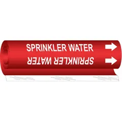 Red wrap-around pipe marker with white legend reading 'Sprinkler Water' and directional arrows. Fits pipe outer diameters from 1/2 to 1-3/8 inches. Used to identify sprinkler water lines in piping systems for safety and maintenance.