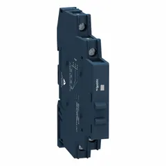 DIN-rail mounted solid state relay with SCR output and Form A (SPST-NO) switch configuration. DC input current 8 to 11 mA switches AC output voltage 24 to 280 V AC, rated for maximum output current of 6 A without heat sink. Screw clamp electrical connection and finger-safe design. Suitable for switching resistive and inductive AC loads in industrial control panels.