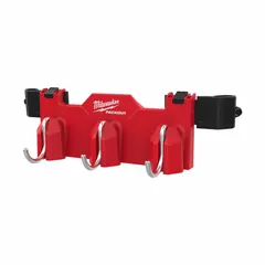 This red ABS plastic hook attachment measures 4 in W x 4 13/16 in H x 16 13/16 in L and provides three hooks for organizing and hanging tools or accessories from compatible PACKOUT tool cases. Suitable for use in workshops, job sites, and storage systems where space efficiency and quick access are required.