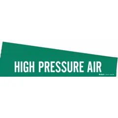Green adhesive pipe marker with white legend reading 'High Pressure Air'. Designed for pipe outer diameters of 8 inches and larger. Pack of 5 markers without directional arrows. Used to identify high-pressure air lines in industrial piping systems.