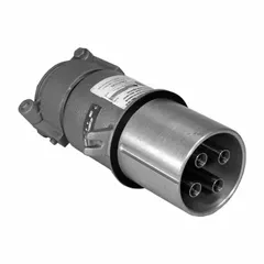Watertight pin and sleeve plug rated 600V AC, 200 A, three-phase, 4-pole, 3-wire. Suitable for heavy-duty industrial power connections requiring a weather-resistant enclosure.