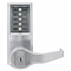 Mechanical push button lockset in chrome finish. Provides keyless entry with push-button code access. Includes key override capability for Best and Equivalents (6 or 7-pin) keys (not included). Suitable for interior doors in commercial and institutional settings.