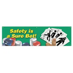 This poly sheeting banner is printed on one side and measures 28 inches by 96 inches. It is suitable for both indoor and outdoor use, making it a practical choice for posting safety messages in industrial environments. The banner does not include wind slits.