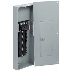 Single-phase, 120/240V AC main breaker load center with 42 spaces and a 22 kA short circuit current rating. Convertible design with plug-on neutral, supporting up to 10 tandem breakers. For indoor use; enclosure cover ordered separately.