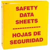 Red safety binder with 11 in overall height and 2 1/2 in ring size. Used to organize safety data sheets (SDS) and chemical hazard information in industrial workplaces