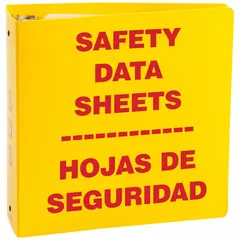 Red safety binder with 11 in overall height and 2 1/2 in ring size. Used to organize safety data sheets (SDS) and chemical hazard information in industrial workplaces.