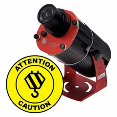 Yellow 80 W LED projector with lens and image template. Includes mounting brackets. Projects a Crane Attention / Caution legend. Used to mark crane zones and alert personnel in industrial facilities, construction sites, and warehouses.